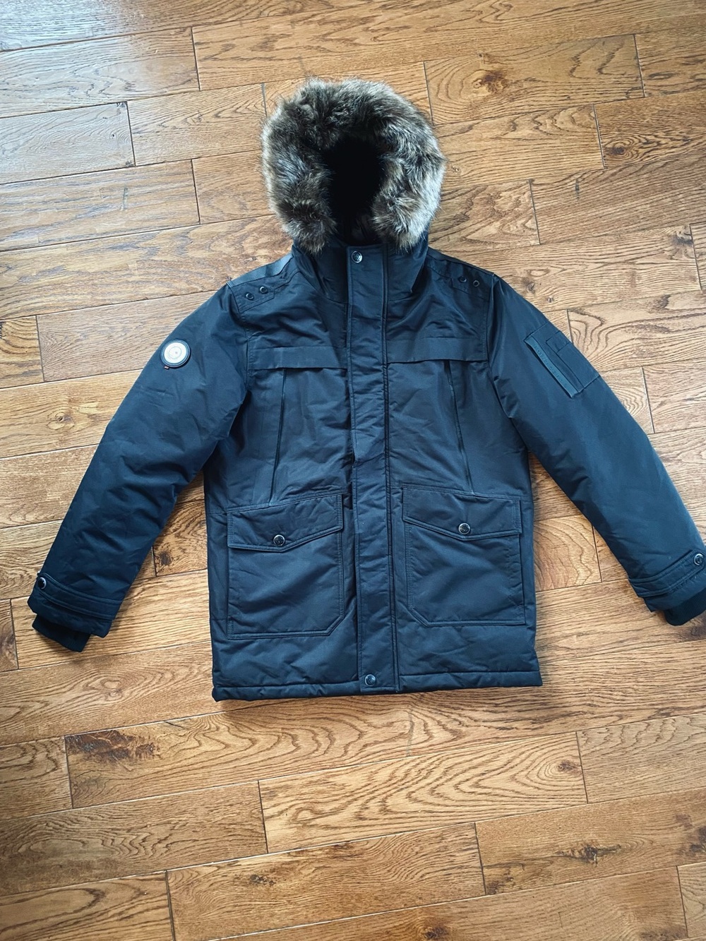 Point Zero Men's Black Puffer Parka with Faux Fur Hood